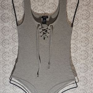 Rue 21 Heather Gray Lightly Ribbed Lace up Bodysuit